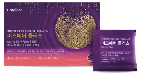 미즈에버 플러스 박스 정면과 그 앞에 세운 멀티팩 1포. 박스 글자: univera, 개별인정형 원료 함유 건강기능식품 | Ms Ever Plus, 미즈에버 플러스, MS-10 엉겅퀴등복합추출물 · 비타민C · 비타민D · 테아닌 제품, 변함없는 건강과 활력있는 삶을 위한 여성 갱년기 전문 케어 건강기능식품, 84 g | 1,400 mg [(500 mg x 1정) + (900 mg x 1정)] x 60포