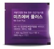 미즈에버 플러스 멀티팩 1포. 글자: 개별인정형 원료 함유 건강기능식품, 미즈에버 플러스, Ms Ever Plus, MS-10 엉겅퀴등복합추출물 · 비타민C · 비타민D · 테아닌 제품, 1,400 mg [(500 mg×1정) + (900 mg x 1정)]