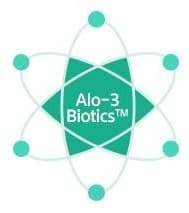 청록 여섯 모 별과 궤도 두 줄, 점 여섯의 원자 그림 — 가운데 글자 Alo-3 Biotics™
