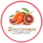 블러드 오렌지 사진과 REDORANGE COMPLEX® 표시가 든 빨간 테두리 원