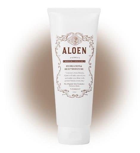 알로엔 모이스처 캡슐젤 흰 튜브. 뒤에 갈색으로 번지는 둥근 그림자. 튜브 글자: ALOEN, MOISTURE CAPSULE GEL, HYDRATION & DEEP MOISTURE, "Univera's Aloe Beauty, Aloen will take care of you and make you shine with greater beauty every day.", The Original Aloe Cosmetics Univera Aloen, 200ml