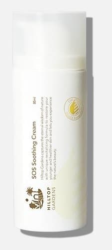 힐탑가든 SOS 수딩 크림 용기 — 흰 반투명 용기에 세로 글자 HILLTOP GARDENS, SOS Soothing Cream
