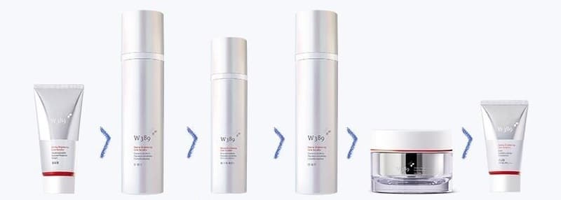 W389 제품 여섯이 차례로 놓인 줄 — 필링젤 튜브, 토너 병, 스팟 에센스 병, 로션 병, 크림 단지, 선크림 튜브(은빛 · 빨간 띠). 사이사이 청보라 꺾쇠