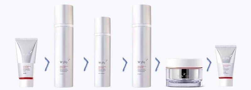 W389 제품 여섯이 차례로 놓인 줄 — 필링젤 튜브, 토너 병, 스팟 에센스 병, 로션 병, 크림 단지, 선크림 튜브(은빛 · 빨간 띠). 사이사이 청보라 꺾쇠