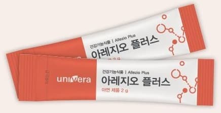가로로 겹쳐 놓인 아레지오 플러스 스틱 2포. 스틱 글자: univera, 건강기능식품 | Allezio Plus, 아레지오 플러스, 아연 제품 2 g