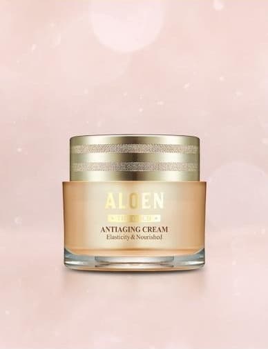 알로엔 안티에이징 크림 50ml 용기. 용기 글자: ALOEN, THE GOLD, ANTIAGING CREAM, Elasticity & Nourished