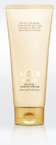 알로엔 리바이탈 마사지 크림 튜브(금색 뚜껑). 용기 글자: ALOEN, THE GOLD, REVITAL MASSAGE CREAM, Relaxing & Purification
