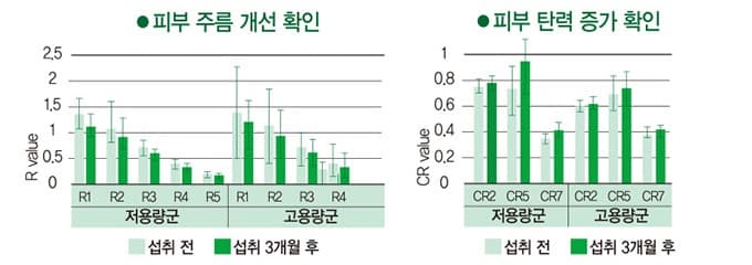 ● 피부 주름 개선 확인 — R value, R1~R5 저용량군 / R1~R4 고용량군, 섭취 전 · 섭취 3개월 후. ● 피부 탄력 증가 확인 — CR value, CR2·CR5·CR7 저용량군 / 고용량군, 섭취 전 · 섭취 3개월 후