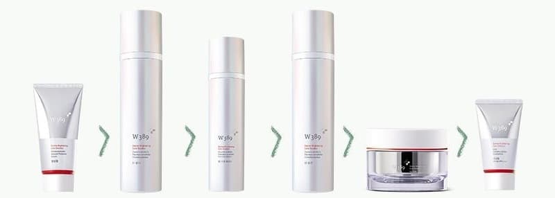 W389 제품 여섯이 차례로 놓인 줄 — 필링젤 튜브, 토너 병, 스팟 에센스 병, 로션 병, 크림 단지, 선크림 튜브(은빛 · 빨간 띠). 사이사이 세이지 초록 꺾쇠