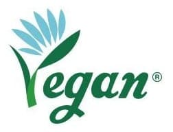 초록 Vegan® 마크 — 하늘색 · 초록 잎 모양 위에 초록 필기체 Vegan