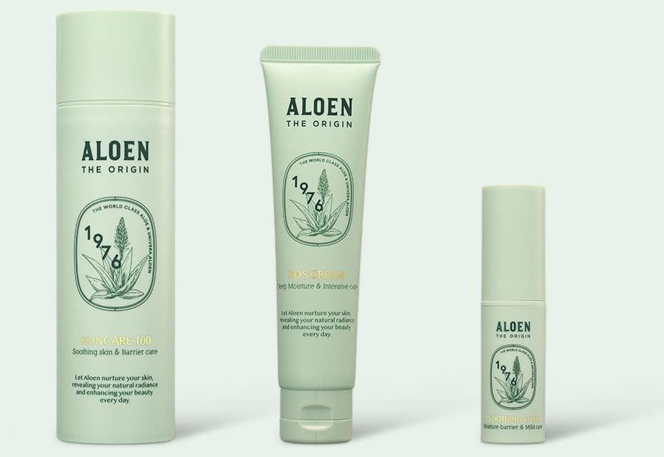 알로엔 디오리진 3종 — 스킨케어 100 용기, SOS CREAM 튜브(Deep Moisture & Intensive care), SOOTHING STICK(Moisture barrier & Mild care)
