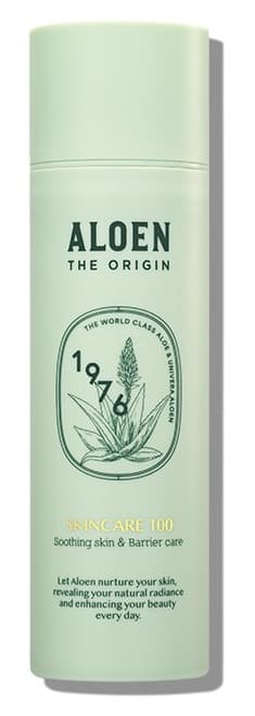 알로엔 디오리진 스킨케어100 민트색 용기. 용기 글자: ALOEN, THE ORIGIN, 1976, SKINCARE 100, Soothing skin & Barrier care