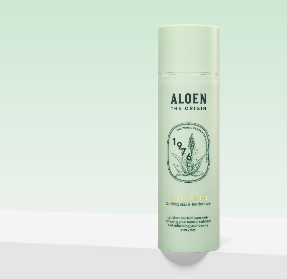 알로엔 디오리진 스킨케어 100 용기. 용기 글자: ALOEN, THE ORIGIN, THE WORLD CLASS ALOE & UNIVERA ALOEN, 1976, SKINCARE 100, Soothing skin & Barrier care