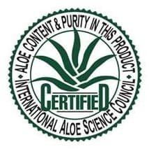 ALOE CONTENT & PURITY IN THIS PRODUCT · INTERNATIONAL ALOE SCIENCE COUNCIL · CERTIFIED 인증 마크