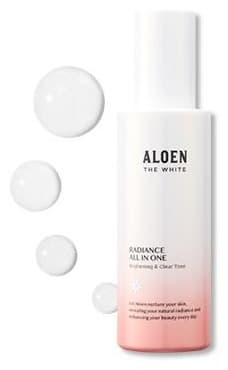 알로엔 더화이트 래디언스 올인원 병(RADIANCE ALL IN ONE Brightening & Clear Tone)과 투명한 물방울 넷
