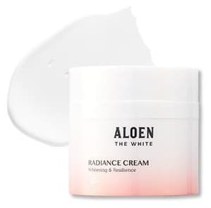 알로엔 더화이트 래디언스 크림 단지(RADIANCE CREAM Whitening & Resilience)와 뒤로 펴 바른 흰 크림 자국