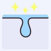 피부 단면 — 하늘색으로 채워진 깨끗한 모공과 노란 반짝임 셋